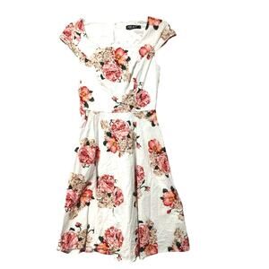 PUKAVT Scoop Neck Cap Sleeve Fit & Flare Dress White Pink Orange Floral Womens S